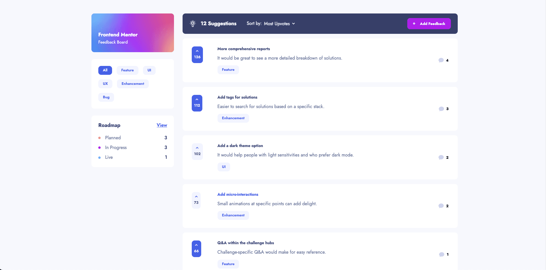 screenshot from Product Feedback platform